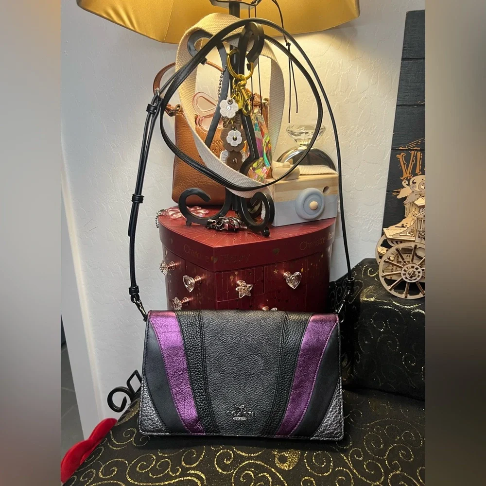COACH Anna Purple & Black Color block Leather Crossbody Handbag Clutch